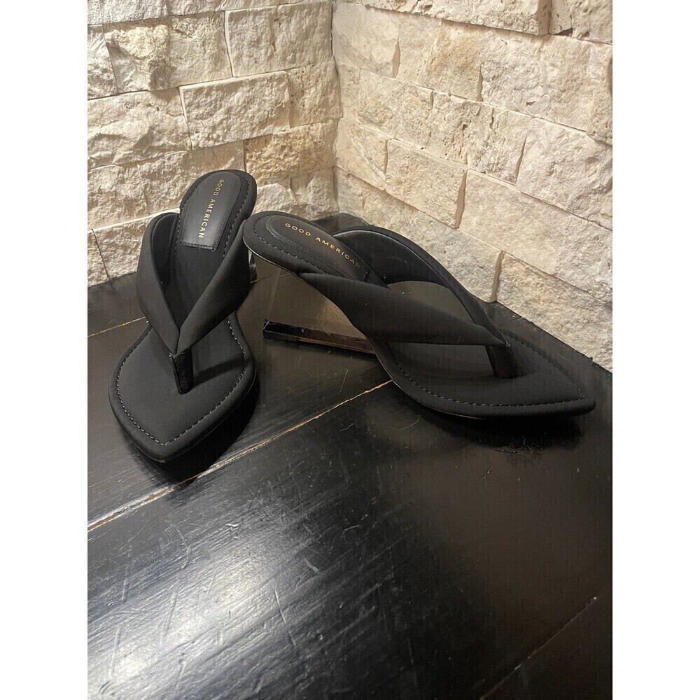 Good American Black Pointed Toe Black Wedge Transparent Heels Sz 10